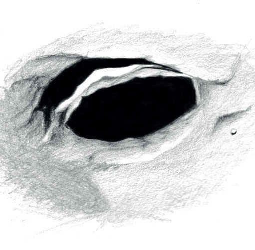 Zeichnung: Bei flachem Sonnenstand ragt der Wall von Hercules hoch aus dem Mondboden.
Lambert Spix